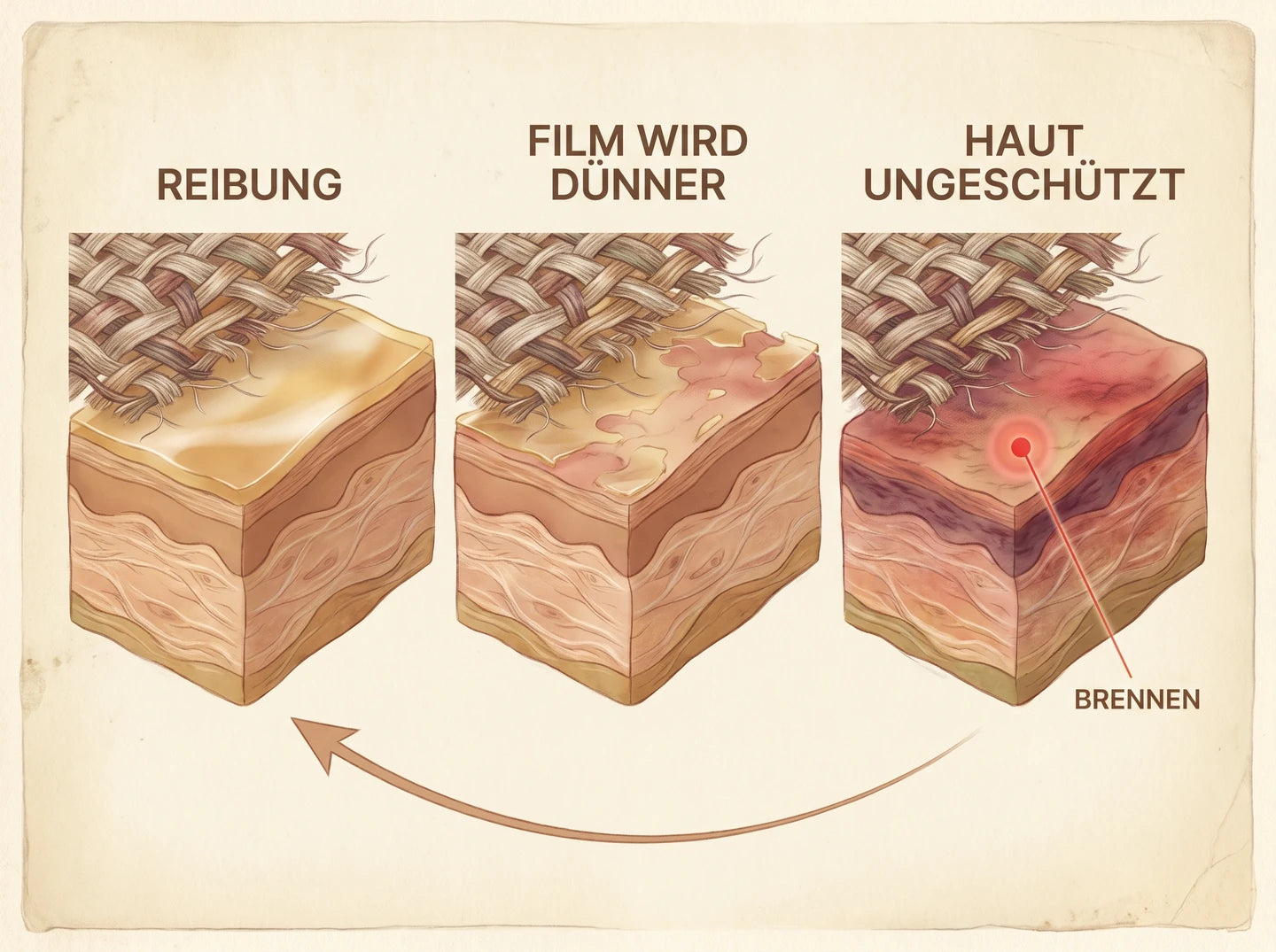 Illustration in drei Stufen: Reibung traegt den Schutzfilm ab, bis die Haut ungeschuetzt ist und brennt
