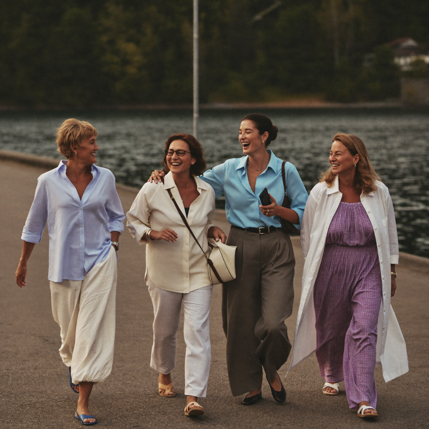Vier Frauen spazieren gut gelaunt am See