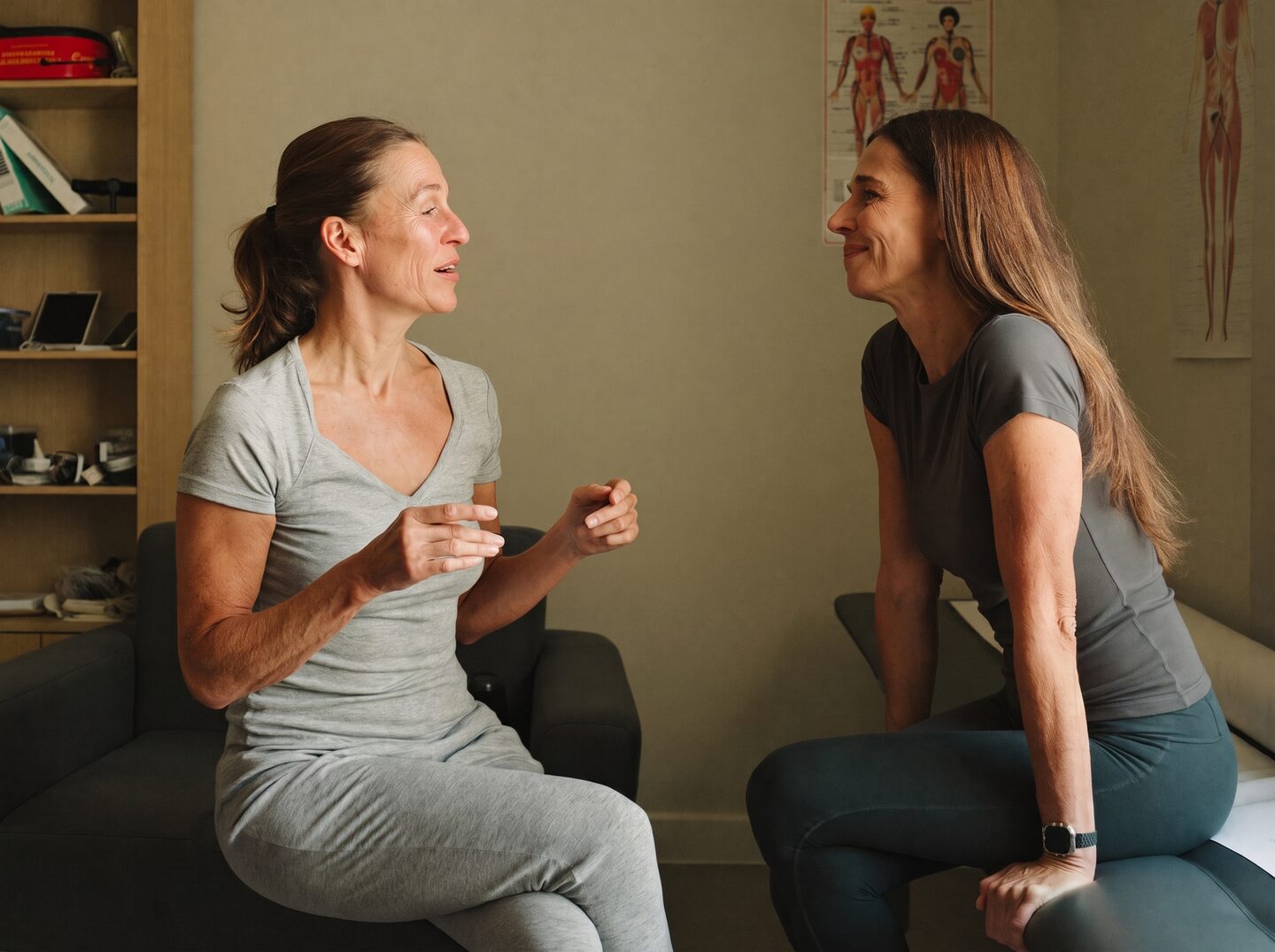Beratungsgespraech zwischen Therapeutin und Patientin in einer Physiotherapie-Praxis