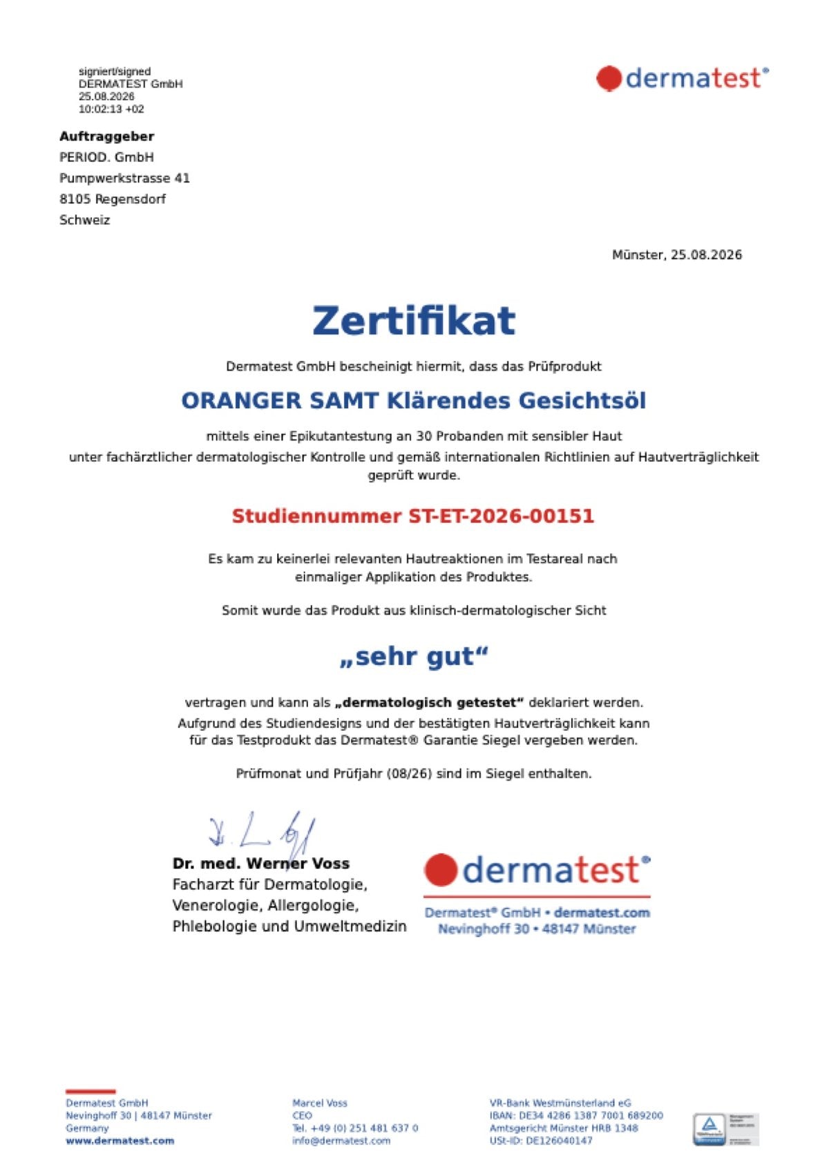 Dermatest-Zertifikat «sehr gut» für ORANGER SAMT